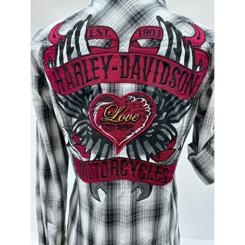 Harley Davidson Womens Plaid Snap Front Shirt Love To Ride Embroidered Wings M - Picture 3 of 7